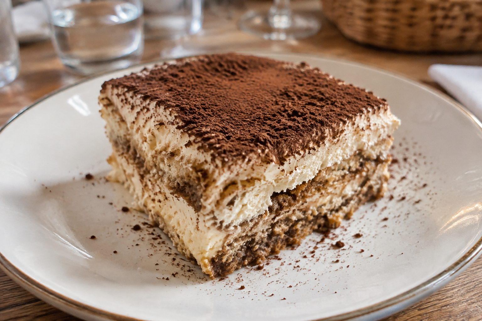 Part de tiramisu saupoudrée de cacao, servie à table.