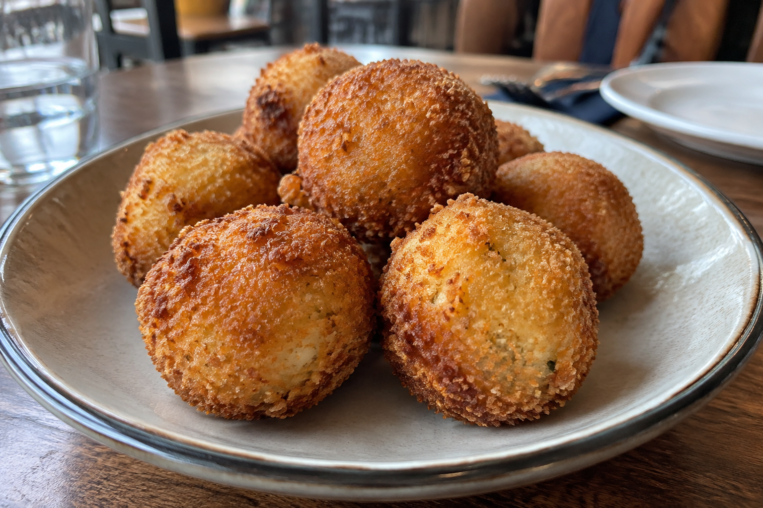Arancini croustillants dorés, présentés dans une assiette à table.