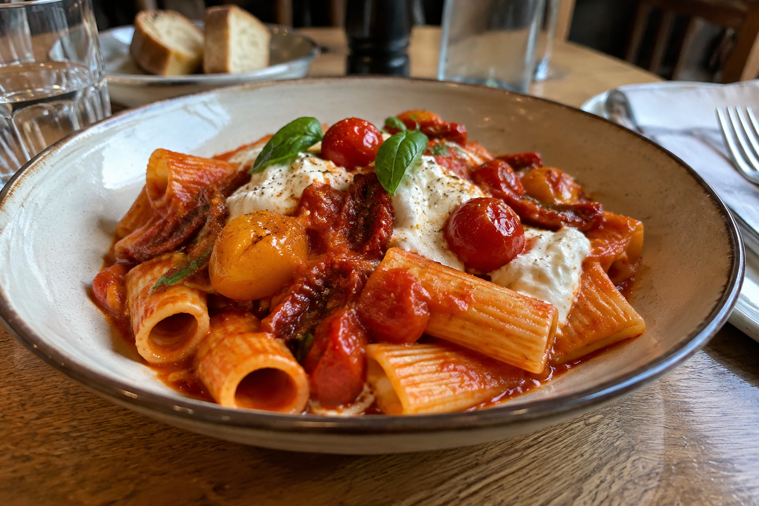 Rigatoni aux trois tomates et stracciatella, servis dans une assiette à table.